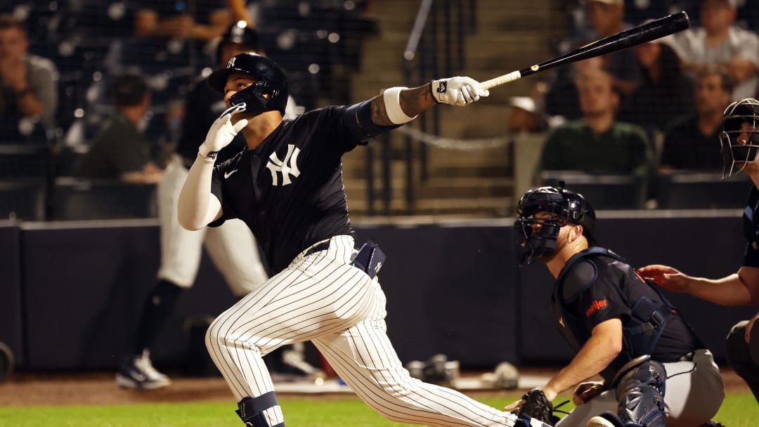 Mar 7, 2024; Tampa, Florida, USA; New York Yankees outfielder Everson Pereira (80) hits a sacrifice fly during the first inning against the Detroit Tigers at George M. Steinbrenner Field.