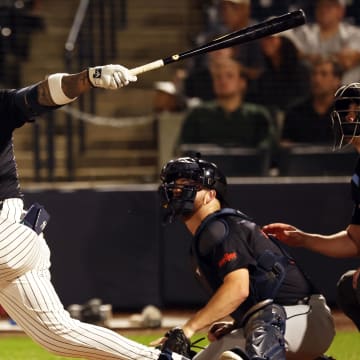Mar 7, 2024; Tampa, Florida, USA; New York Yankees outfielder Everson Pereira (80) hits a sacrifice fly during the first inning against the Detroit Tigers at George M. Steinbrenner Field.