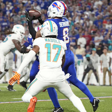 Buffalo Bills linebacker Terrel Bernard (8) intercepts the ball against Miami Dolphins wide receiver Jaylen Waddle (17) in the fourth quarter at Highmark Stadium in Week 3.