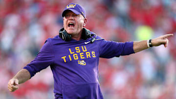 Sep 27, 2025; Oxford, Mississippi, USA; LSU Tigers head coach Brian Kelly reacts during the fourth quarter against the Mississippi Rebels at Vaught-Hemingway Stadium. Mandatory Credit: Petre Thomas-Imagn Images