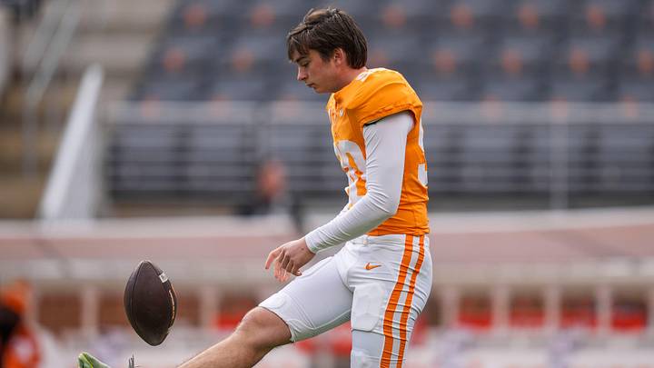 Tennessee place kicker Max Gilbert (90) during warm-ups at a NCAA football game between Tennessee and Vanderbilt at Neyland Stadium in Knoxville, Tenn., on Nov. 29, 2025.