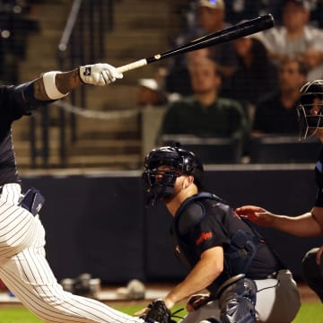 Mar 7, 2024; Tampa, Florida, USA; New York Yankees outfielder Everson Pereira (80) hits a sacrifice fly during the first inning against the Detroit Tigers  at George M. Steinbrenner Field.