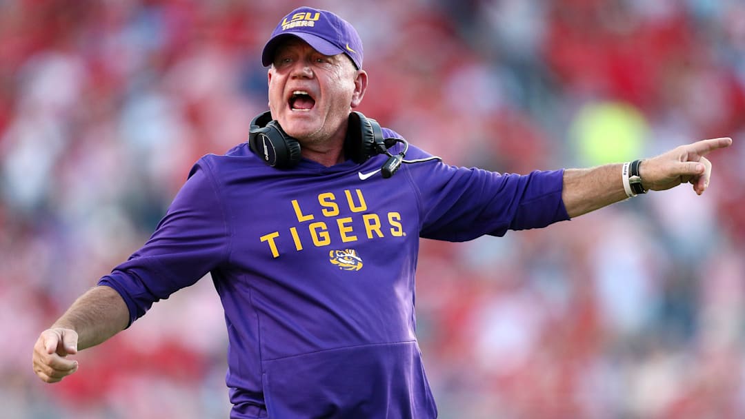 Sep 27, 2025; Oxford, Mississippi, USA; LSU Tigers head coach Brian Kelly reacts during the fourth quarter against the Mississippi Rebels at Vaught-Hemingway Stadium. Mandatory Credit: Petre Thomas-Imagn Images