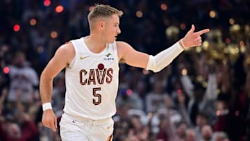 Oct 26, 2025; Cleveland, Ohio, USA; Cleveland Cavaliers guard Sam Merrill (5) celebrates after hitting a three point basket against the Milwaukee Bucks during the first half at Rocket Arena. Mandatory Credit: Ken Blaze-Imagn Images