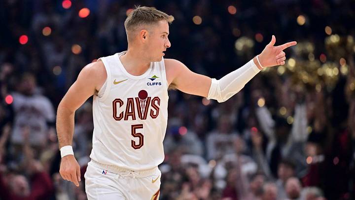 Oct 26, 2025; Cleveland, Ohio, USA; Cleveland Cavaliers guard Sam Merrill (5) celebrates after hitting a three point basket against the Milwaukee Bucks during the first half at Rocket Arena. Mandatory Credit: Ken Blaze-Imagn Images