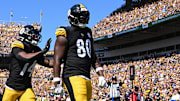 Sep 142025; PittsburghPennsylvaniaUSA; Pittsburgh Steelers tight end Darnell Washington (80) celebrates a two point conversion with Kenneth Gainwell (14) against the Seattle Seahawks during the second quarter at Acrisure Stadium. Mandatory Credit: Barry Reeger-Imagn Images