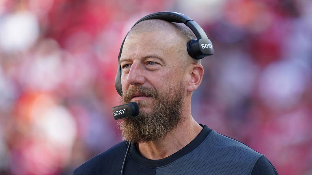 San Francisco 49ers run game coordinator and tight ends coach Brian Fleury watches the action