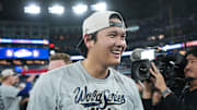 Los Angeles Dodgers two-way player Shohei Ohtani (17) reacts after defeating the Toronto Blue Jays in the eleventh inning for game seven of the 2025 MLB World Series at Rogers Centre on Nov. 1.