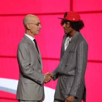 Jul 29, 2021; Brooklyn, New York, USA; Jalen Green (G League Ignite) poses with NBA commissioner Adam Silver after being selected as the number two overall pick by the Houston Rockets in the first round of the 2021 NBA Draft at Barclays Center. Mandatory Credit: Brad Penner-USA TODAY Sports