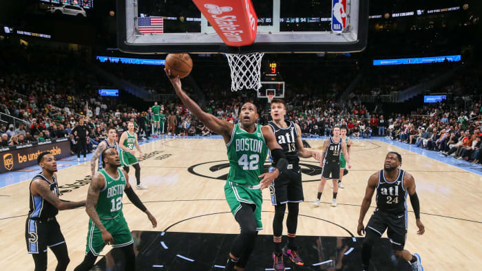 Mar 25, 2024; Atlanta, Georgia, USA; Boston Celtics center Al Horford (42) shoots against the Atlanta Hawks.