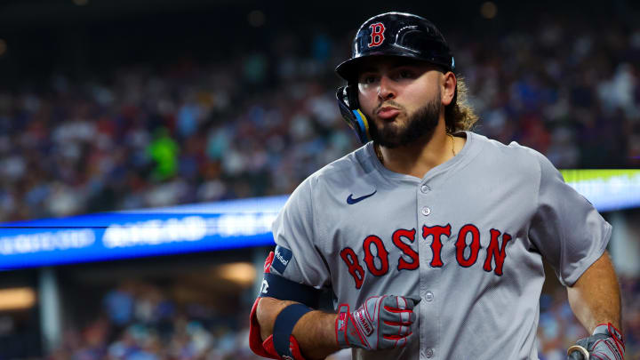 Aug 4, 2024; Arlington, Texas, USA; Boston Red Sox right fielder Wilyer Abreu (52) reacts after hitting a three-run home run during the sixth inning against the Texas Rangers at Globe Life Field. Mandatory Credit: Kevin Jairaj-USA TODAY Sports