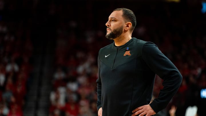 Feb 25, 2024; Lincoln, Nebraska, USA; Minnesota Golden Gophers head coach Ben Johnson against the Nebraska Cornhuskers during the first half at Pinnacle Bank Arena. Mandatory Credit: Dylan Widger-USA TODAY Sports