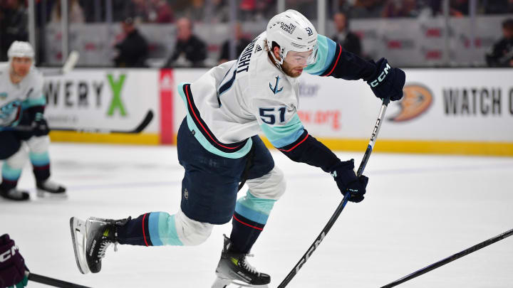 Apr 5, 2024; Anaheim, California, USA; Seattle Kraken center Shane Wright (51) shoots on goal against the Anaheim Ducks during the first period at Honda Center. Mandatory Credit: Gary A. Vasquez-USA TODAY Sports