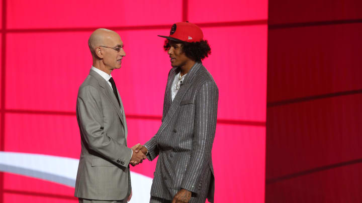 Jul 29, 2021; Brooklyn, New York, USA; Jalen Green (G League Ignite) poses with NBA commissioner Adam Silver after being selected as the number two overall pick by the Houston Rockets in the first round of the 2021 NBA Draft at Barclays Center. Mandatory Credit: Brad Penner-USA TODAY Sports
