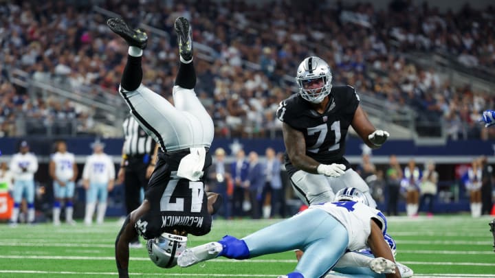 Aug 26, 2023; Arlington, Texas, USA;  Las Vegas Raiders running back Sincere McCormick (47) flips over as Dallas Cowboys linebacker Jabril Cox (14)