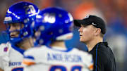 Dec 31, 2024; Glendale, AZ, USA; Boise State Broncos head coach Spencer Danielson against the Penn State Nittany Lions during the Fiesta Bowl at State Farm Stadium. Mandatory Credit: Mark J. Rebilas-Imagn Images