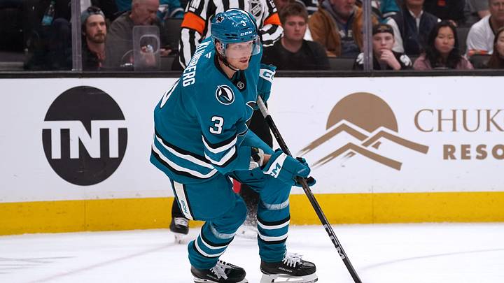 Apr 8, 2026; San Jose, California, USA;  San Jose Sharks defenseman John Klingberg (3) controls the puck against the Edmonton Oilers in the first period at SAP Center at San Jose. Mandatory Credit: David Gonzales-Imagn Images