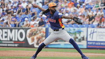 Mar 16, 2025; Port St. Lucie, Florida, USA;  Houston Astros pitcher Miguel Castro throws a pitch during the third inning against the New York Mets at Clover Park. Mandatory Credit: Reinhold Matay-Imagn Images