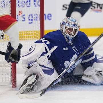 Maple Leafs goaltender Joseph Woll sits on the ice on May 14, 2025.