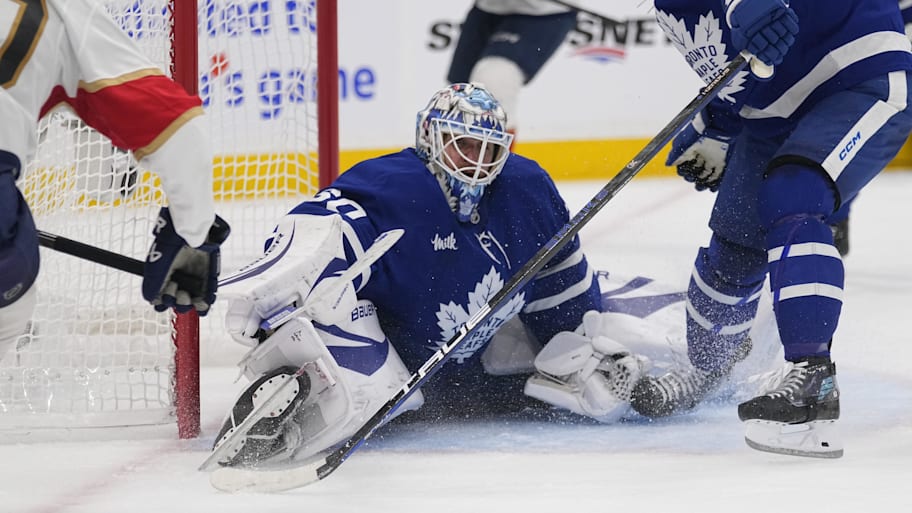 Maple Leafs goaltender Joseph Woll sits on the ice on May 14, 2025. | John E. Sokolowski-Imagn Images