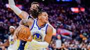 Oct 23, 2025; San Francisco, California, USA; Golden State Warriors guard Will Richard (3) protects the ball against the Denver Nuggets during the fourth quarter at Chase Center. Mandatory Credit: Bob Kupbens-Imagn Images