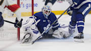 May 14, 2025; Toronto, Ontario, CAN; Toronto Maple Leafs goaltender Joseph Woll (60) sits on the ice after a goal by Florida Panthers forward Jesper Boqvist (70) during the second period of game five of the second round of the 2025 Stanley Cup Playoffs at Scotiabank Arena. Mandatory Credit: John E. Sokolowski-Imagn Images