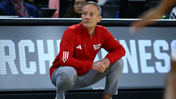 Mar 20, 2025; Wichita, KS, USA; Texas Tech Red Raiders head coach Grant McCasland in the first half of a first round men’s NCAA Tournament game against the North Carolina-Wilmington Seahawks at Intrust Bank Arena. Mandatory Credit: Nick Tre. Smith-Imagn Images