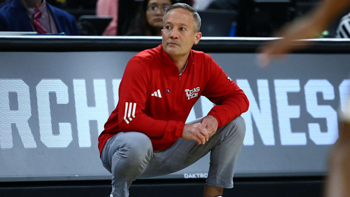 Mar 20, 2025; Wichita, KS, USA; Texas Tech Red Raiders head coach Grant McCasland in the first half of a first round men’s NCAA Tournament game against the North Carolina-Wilmington Seahawks at Intrust Bank Arena. Mandatory Credit: Nick Tre. Smith-Imagn Images