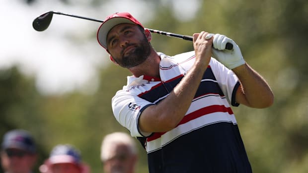 Team USA's Scottie Scheffler hits his tee shot during the singles on the final day of competition for the Ryder Cup.