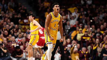 Dec 3, 2025; Minneapolis, Minnesota, USA; Minnesota Golden Gophers guard Isaac Asuma (1) celebrates his three point basket against the Indiana Hoosiers during the second half at Williams Arena. Mandatory Credit: Matt Krohn-Imagn Images