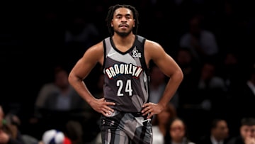 Feb 28, 2025; Brooklyn, New York, USA; Brooklyn Nets guard Cam Thomas (24) reacts during the second quarter against the Portland Trail Blazers at Barclays Center. Mandatory Credit: Brad Penner-Imagn Images