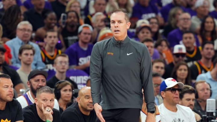 Apr 28, 2024; Phoenix, Arizona, USA; Phoenix Suns head coach Frank Vogel looks on Monday during the