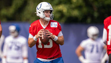 Jun 12, 2025; Indianapolis, IN, USA;  Indianapolis Colts quarterback Riley Leonard (15) throws a pass during training camp at the Farm Bureau Football complex. Mandatory Credit: Marc Lebryk-Imagn Images