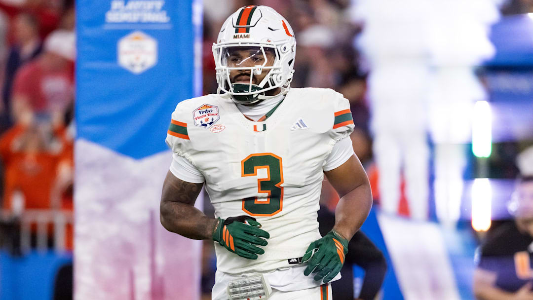 Jan 8, 2026; Glendale, AZ, USA; Miami Hurricanes defensive lineman Akheem Mesidor (3) against the Mississippi Rebels during the 2026 Fiesta Bowl and semifinal game of the College Football Playoff at State Farm Stadium. Mandatory Credit: Mark J. Rebilas-Imagn Images