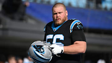 Jan 7, 2024; Charlotte, North Carolina, USA;  Carolina Panthers center Bradley Bozeman (56) before