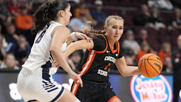 March 10, 2025; Las Vegas, NV, USA; Oregon State Beavers guard Kennedie Shuler (1) dribbles the basketball against Gonzaga Bulldogs guard Ines Bettencourt (8) during the first half in the semifinal of the West Coast Conference tournament at Orleans Arena. Mandatory Credit: Kyle Terada-Imagn Images