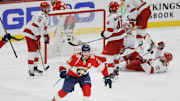 May 24, 2023; Sunrise, Florida, USA; Florida Panthers left wing Matthew Tkachuk (19) celebrates after scoring the game-winning goal against the Carolina Hurricanes during the third period in game four of the Eastern Conference Finals of the 2023 Stanley Cup Playoffs at FLA Live Arena. Mandatory Credit: Sam Navarro-Imagn Images