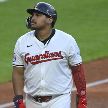 Aug 12, 2024; Cleveland, Ohio, USA; Cleveland Guardians first baseman Josh Naylor (22) reacts after hitting a foul ball off his leg in the fourth inning against the Chicago Cubs at Progressive Field. Mandatory Credit: David Richard-Imagn Images