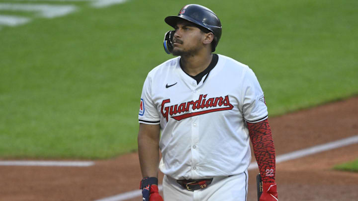 Aug 12, 2024; Cleveland, Ohio, USA; Cleveland Guardians first baseman Josh Naylor (22) reacts after hitting a foul ball off his leg in the fourth inning against the Chicago Cubs at Progressive Field. Mandatory Credit: David Richard-Imagn Images