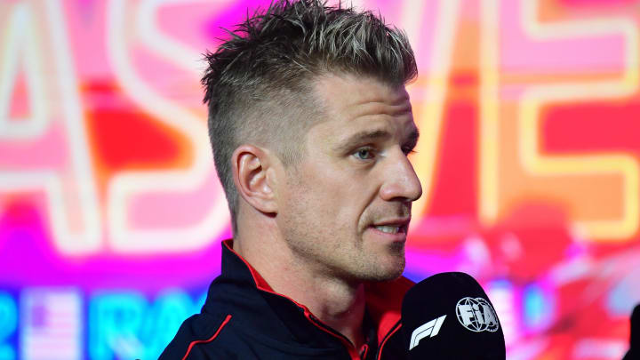 Nov 15, 2023; Las Vegas, Nevada, USA; Haas F1 driver Nico Hulkenberg of Germany speaks during media availabilities at Las Vegas Strip Circuit. Mandatory Credit: Gary A. Vasquez-USA TODAY Sports