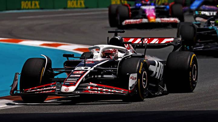 May 4, 2024; Miami Gardens, Florida, USA; Hass drive Kevin Magnussen (20) during the F1 Sprint Race at Miami International Autodrome. Mandatory Credit: Peter Casey-Imagn Images