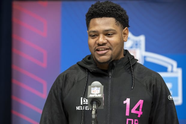 Nebraska defensive back Tommi Hill (DB14) during the 2025 NFL Combine at Lucas Oil Stadium.