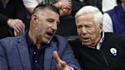 Apr 23, 2025; Boston, Massachusetts, USA; New England Patriots head coach Mike Vrabel, left, talks with Patriots owner Robert Kraft courtside during the second half of game two of the first round of the 2024 NBA Playoffs between the Boston Celtics and the Orlando Magic at TD Garden. Mandatory Credit: Winslow Townson-Imagn Images