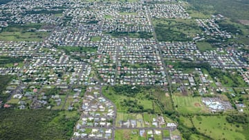 An aerial view of a suburb of Hilo, on the Western Coast of...