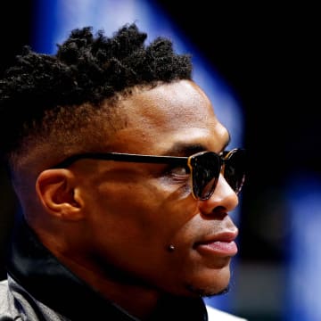 Feb 16, 2019; Charlotte, NC, USA; Team Giannis guard Russell Westbrook of the Oklahoma City Thunder (0) speaks during the NBA All-Star Media Day at Bojangles Coliseum. Mandatory Credit: Jeremy Brevard-USA TODAY Sports