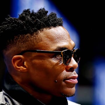 Feb 16, 2019; Charlotte, NC, USA; Team Giannis guard Russell Westbrook of the Oklahoma City Thunder (0) speaks during the NBA All-Star Media Day at Bojangles Coliseum. Mandatory Credit: Jeremy Brevard-Imagn Images