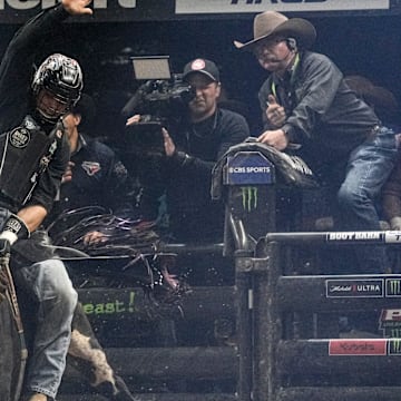 Adriano Salgado has the best ride of the night thus far during the Wrangler PBR Greater Palm Springs at Acrisure Arena in Palm Desert, Calif., March 21, 2025.