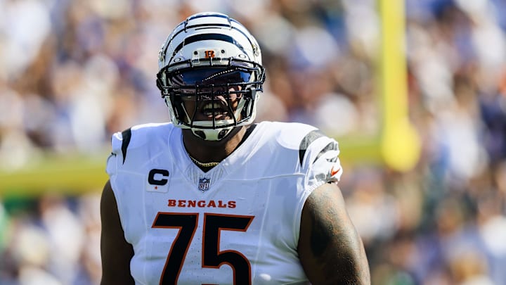 Oct 27, 2024; Cincinnati, Ohio, USA; Cincinnati Bengals offensive tackle Orlando Brown Jr. (75) runs onto the field before the game against the Philadelphia Eagles at Paycor Stadium. Mandatory Credit: Katie Stratman-Imagn Images