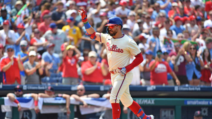 Philadelphia Phillies designated hitter Kyle Schwarber (12) celebrates his home run against the Cleveland Guardians during the third inning at Citizens Bank Park on July 28.