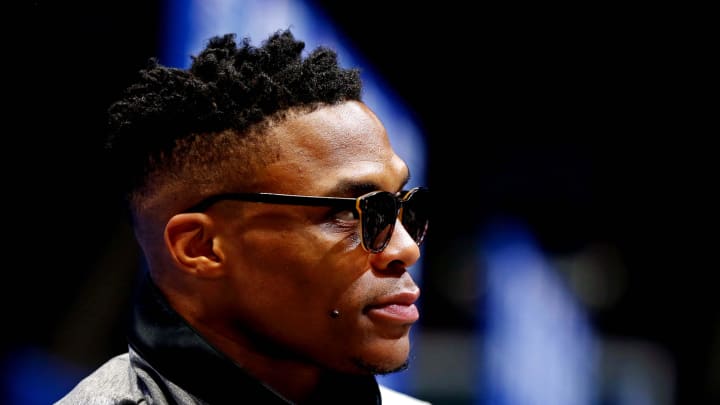 Feb 16, 2019; Charlotte, NC, USA; Team Giannis guard Russell Westbrook of the Oklahoma City Thunder (0) speaks during the NBA All-Star Media Day at Bojangles Coliseum. Mandatory Credit: Jeremy Brevard-USA TODAY Sports